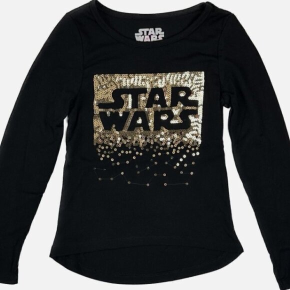 NWT - Star Wars Kids Black Long Sleeve Polyester Sequin Print Casual T-Shirt - Picture 2 of 4